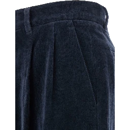 بنطال أزرق بحلقات حزام وحافة مطوية من مزيج الكتان والقطن للرجال