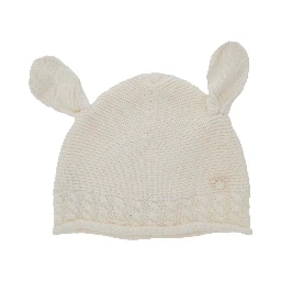 White Beanie with Ear Detail and Logo Embroidery on the Front in Cotton and Cashmere Baby