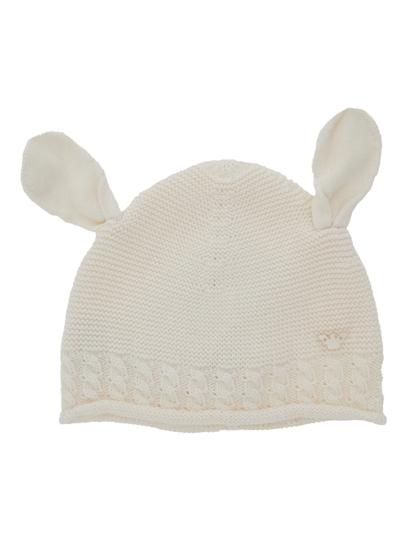 White Beanie with Ear Detail and Logo Embroidery on the Front in Cotton and Cashmere Baby