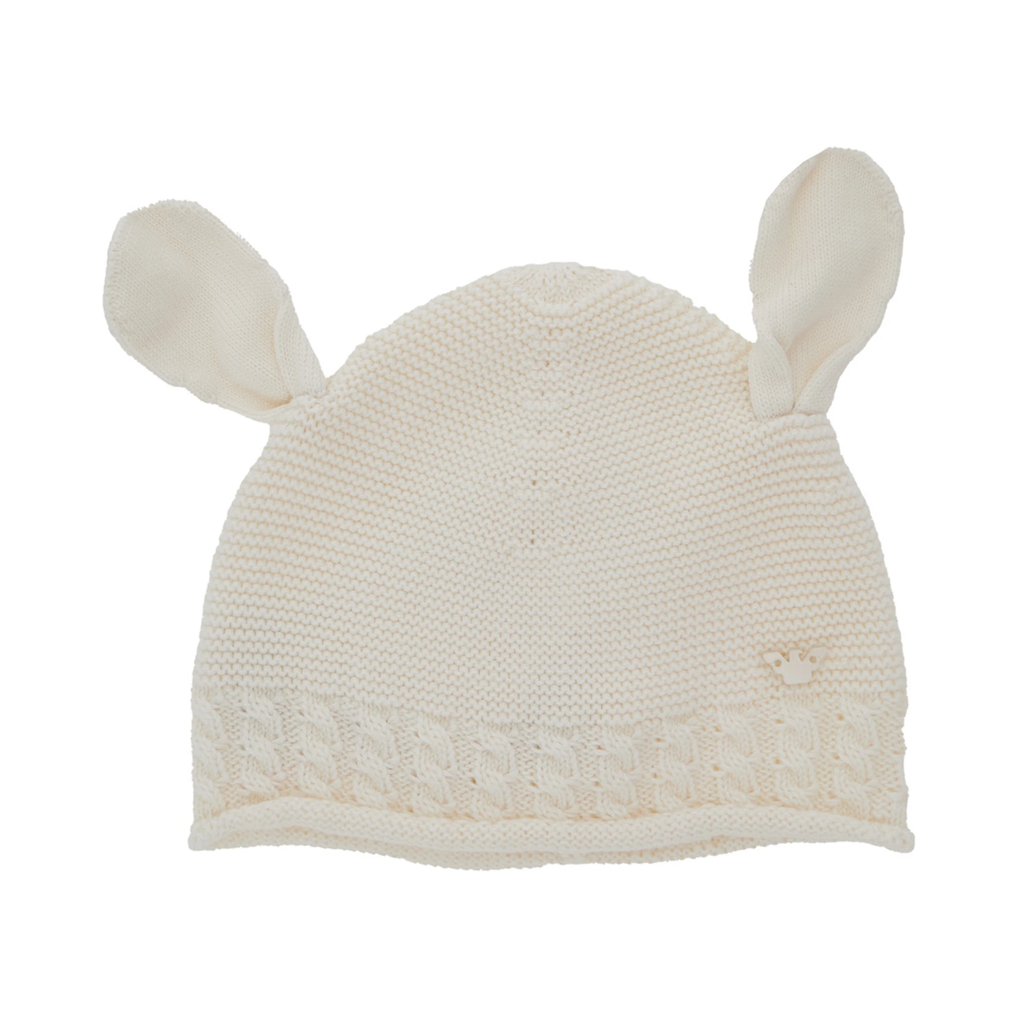 White Beanie with Ear Detail and Logo Embroidery on the Front in Cotton and Cashmere Baby