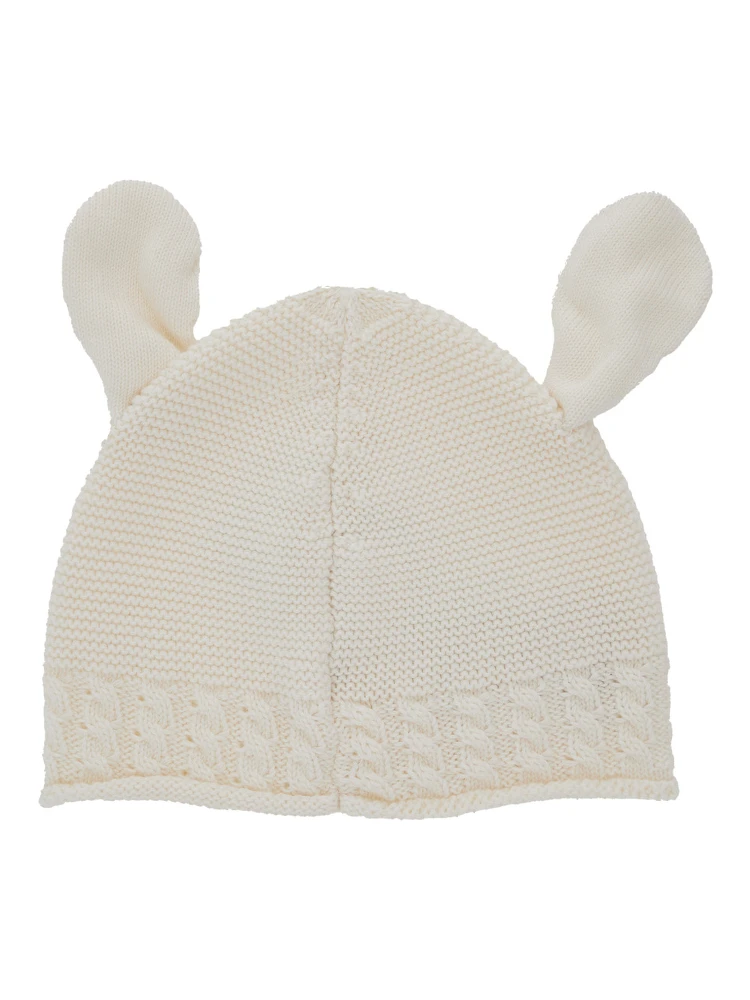 White Beanie with Ear Detail and Logo Embroidery on the Front in Cotton and Cashmere Baby alternative