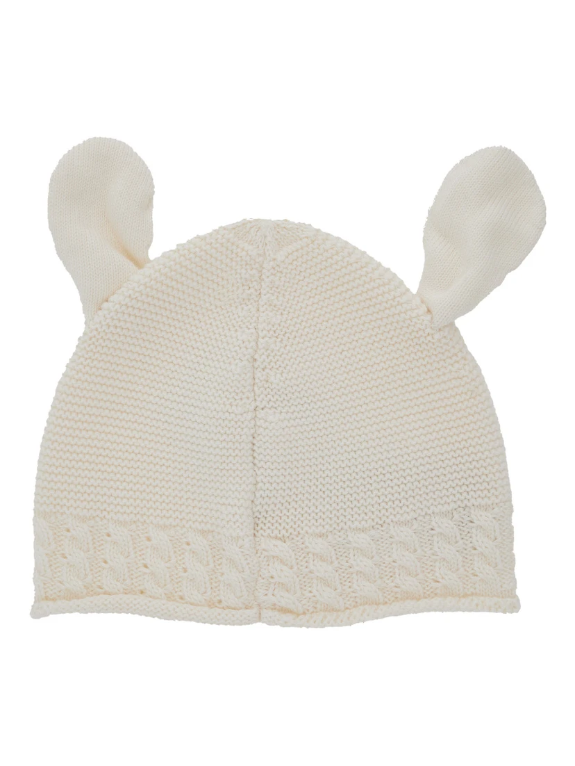 White Beanie with Ear Detail and Logo Embroidery on the Front in Cotton and Cashmere Baby
