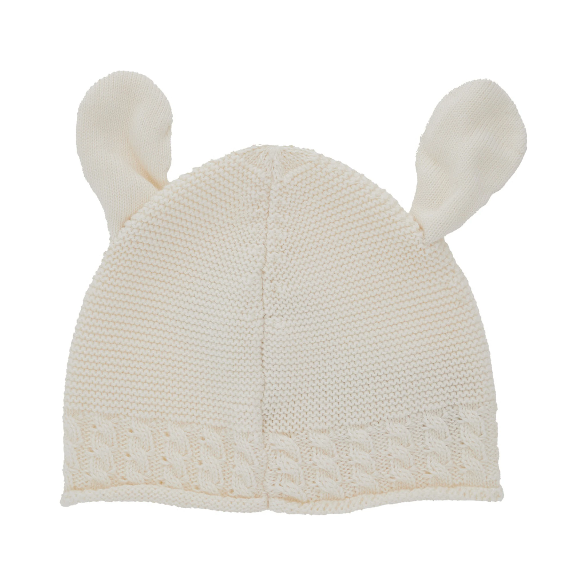White Beanie with Ear Detail and Logo Embroidery on the Front in Cotton and Cashmere Baby