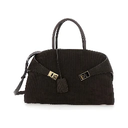 Hug Bicolor Brown Handbag with Logo and Gancini Buckle in Leather Woman