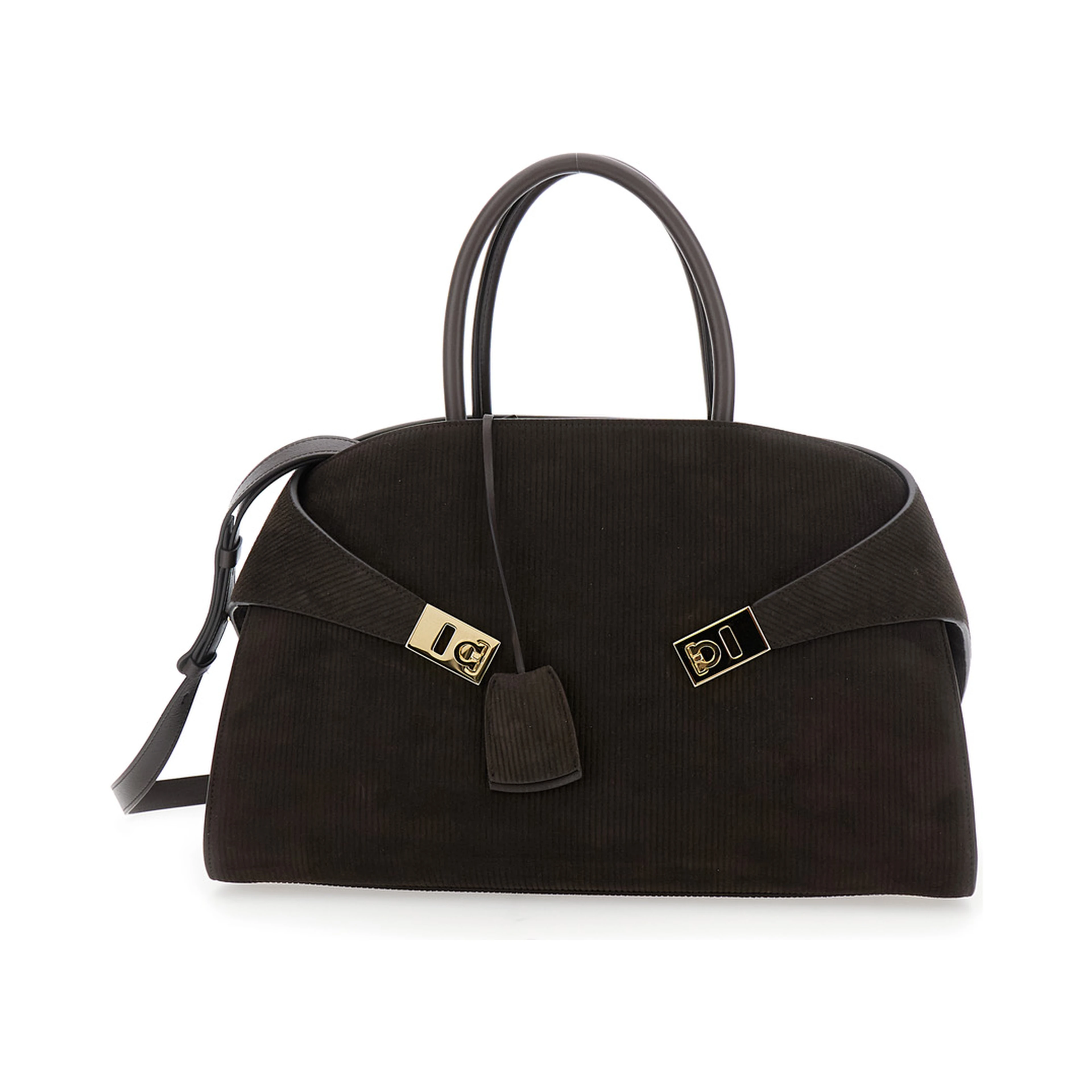Hug Bicolor Brown Handbag with Logo and Gancini Buckle in Leather Woman