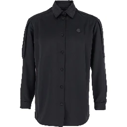 Black Shirt with Classic Collar and Logo Patch on the Chest in Tech Fabric Woman