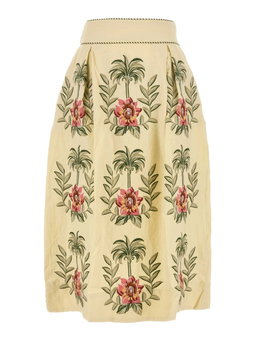TROPICAL FLOWER EMBROIDERED SAND MAXI SKIRT