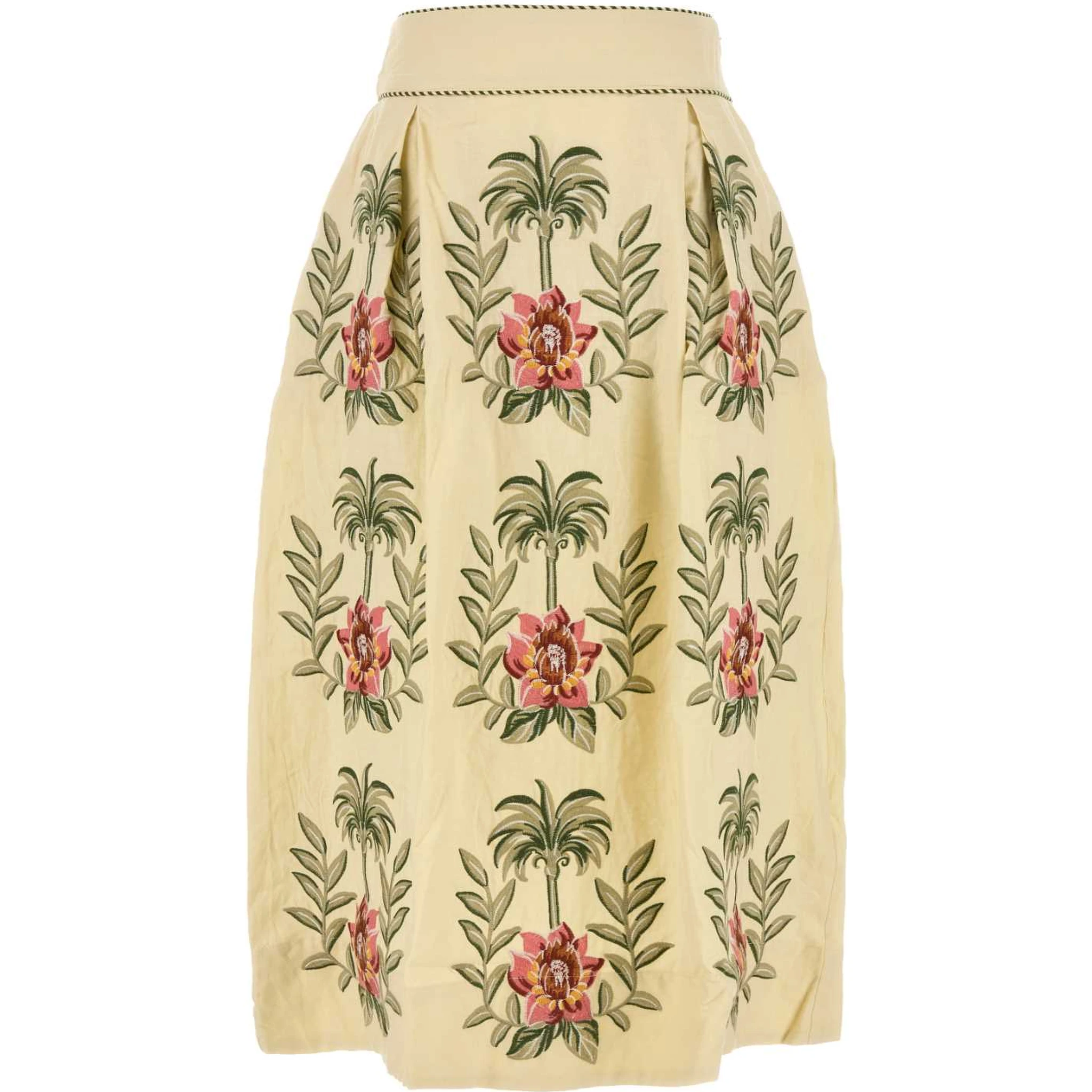 TROPICAL FLOWER EMBROIDERED SAND MAXI SKIRT