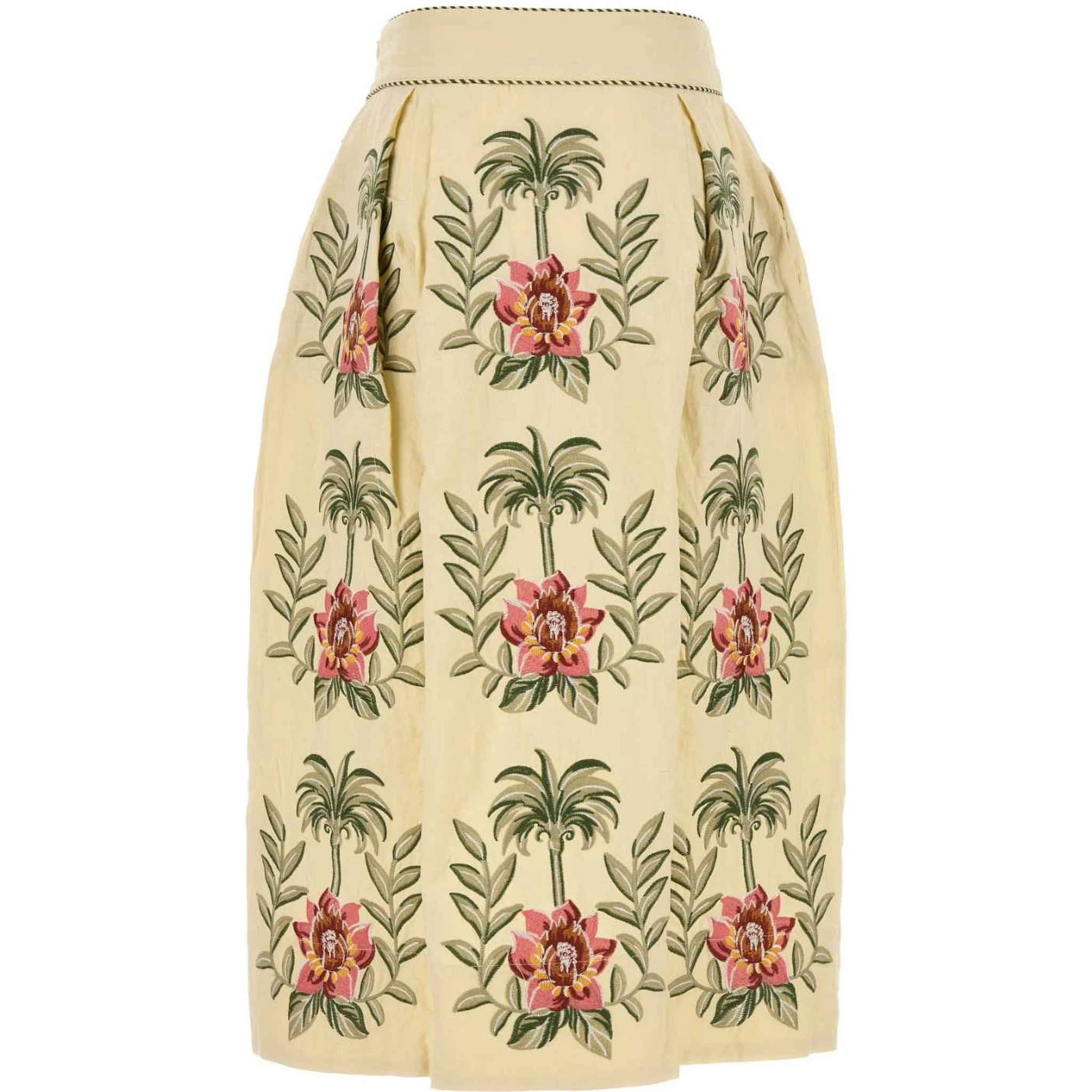 TROPICAL FLOWER EMBROIDERED SAND MAXI SKIRT