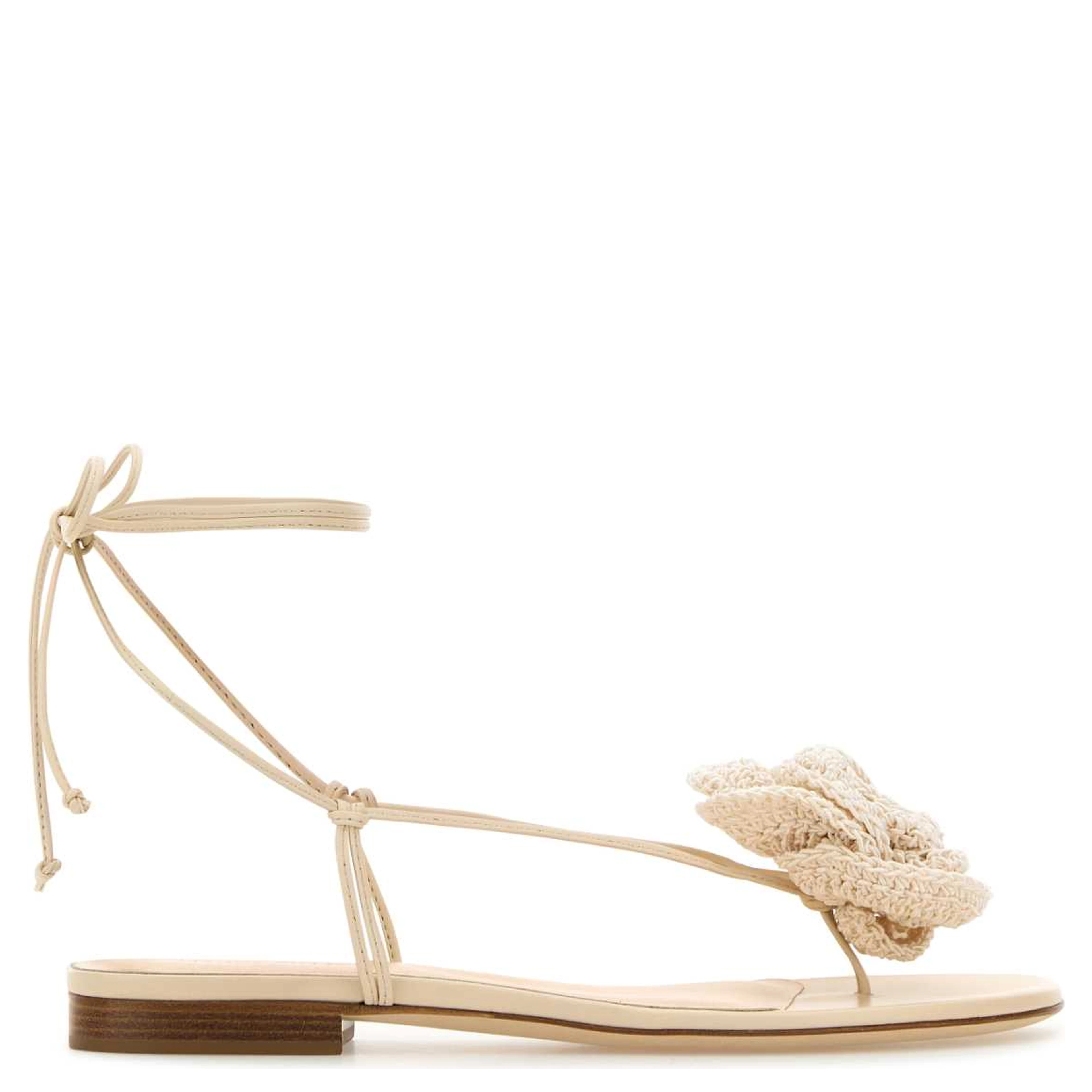 SS23 WRAP AROUND FLAT FLOWER SANDALS CROCHET CREAM