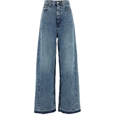 Two Tonal Fabric Paneled Wide Leg Jeans