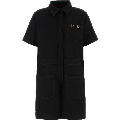 JMPSUIT DENIM W/HRSBIT&LEATHER