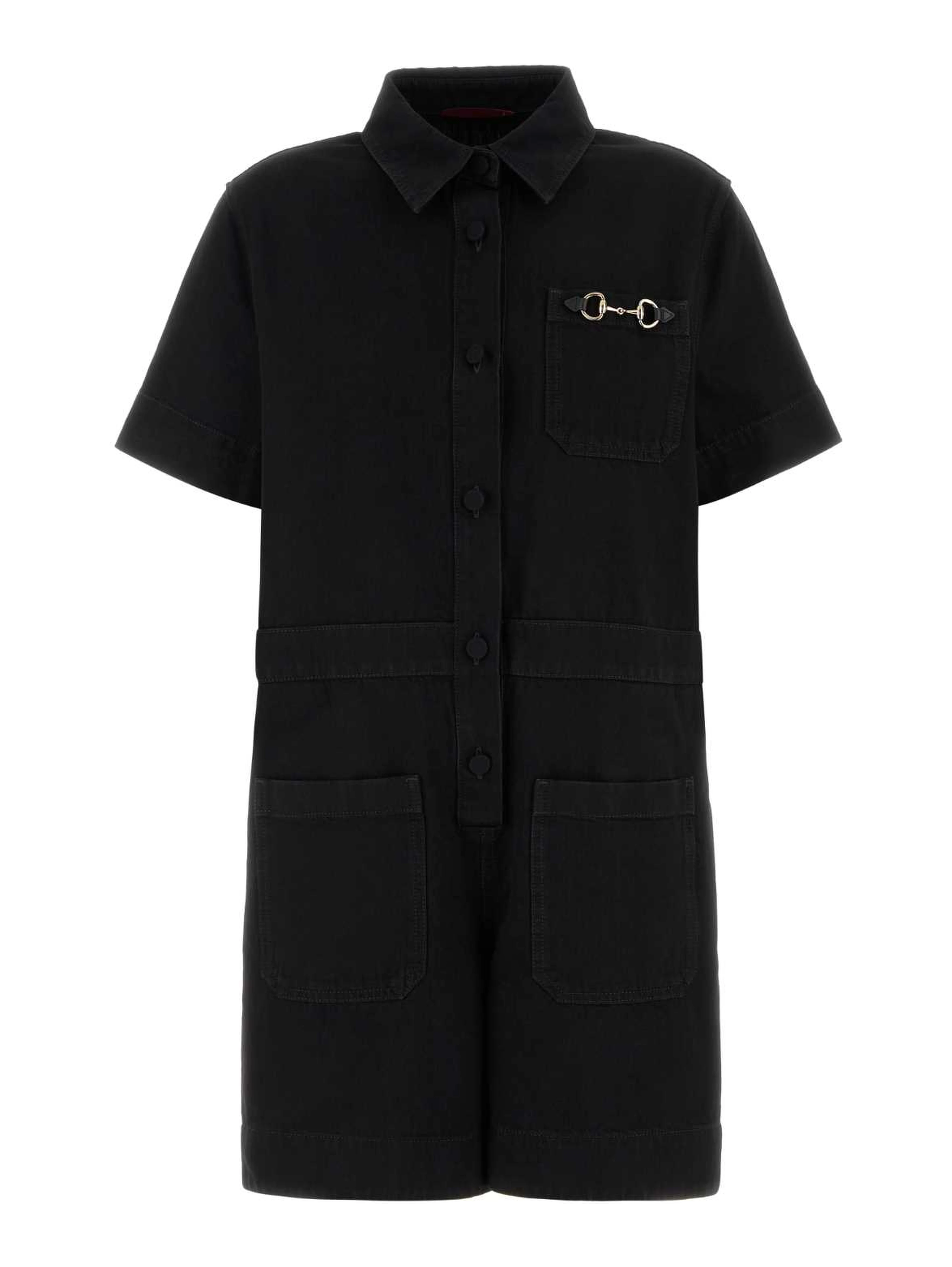 JMPSUIT DENIM W/HRSBIT&LEATHER