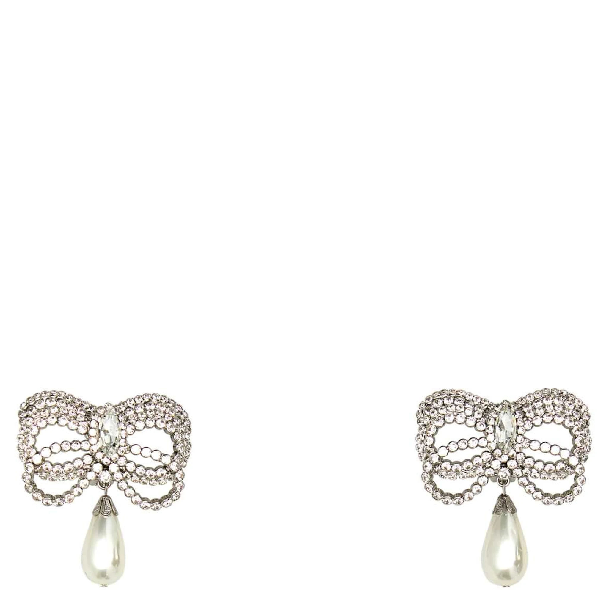 CRYSTAL BOW EARRINGS WITH PENDANT PEARL