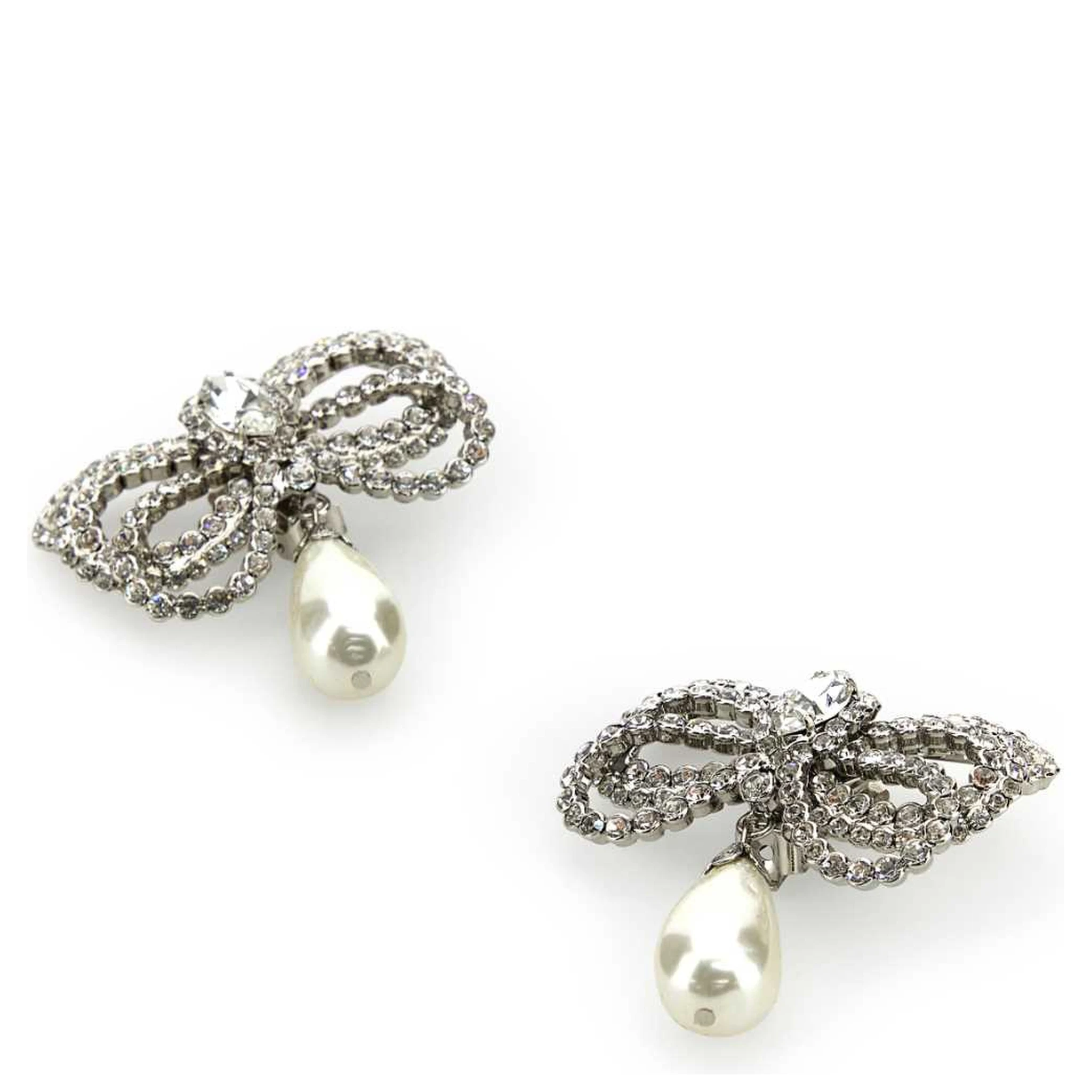 CRYSTAL BOW EARRINGS WITH PENDANT PEARL