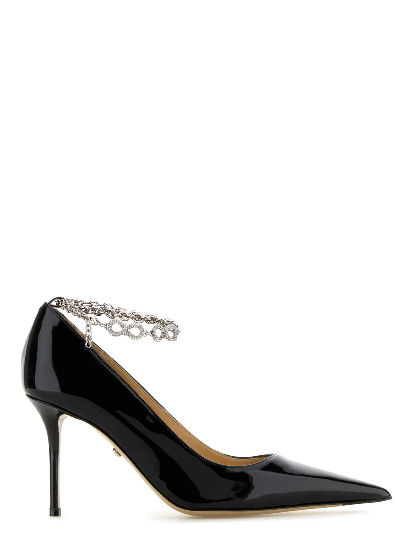 BOW CHAIN BLACK PATENT LEATHER POINTED TOE PUMPS(