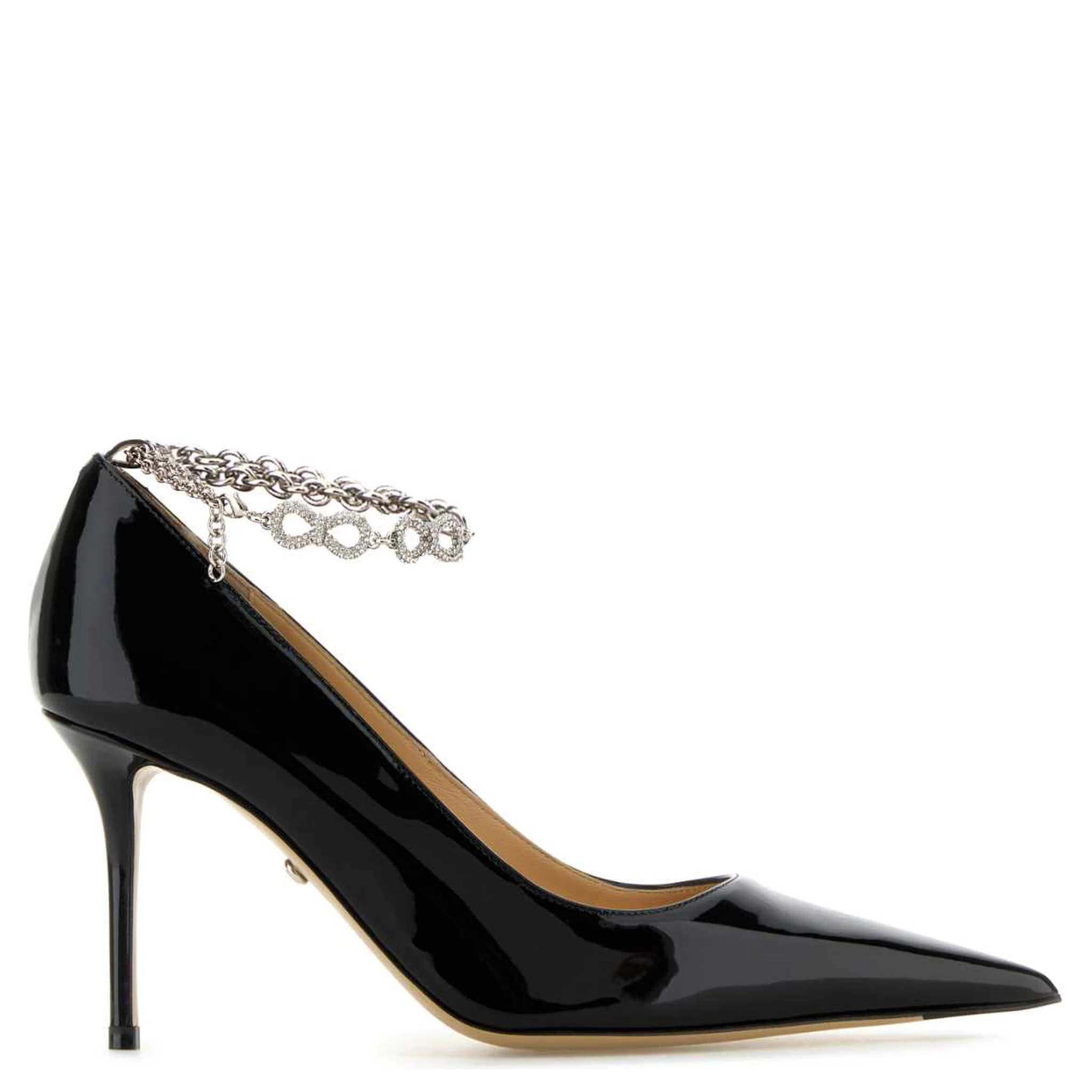 BOW CHAIN BLACK PATENT LEATHER POINTED TOE PUMPS(