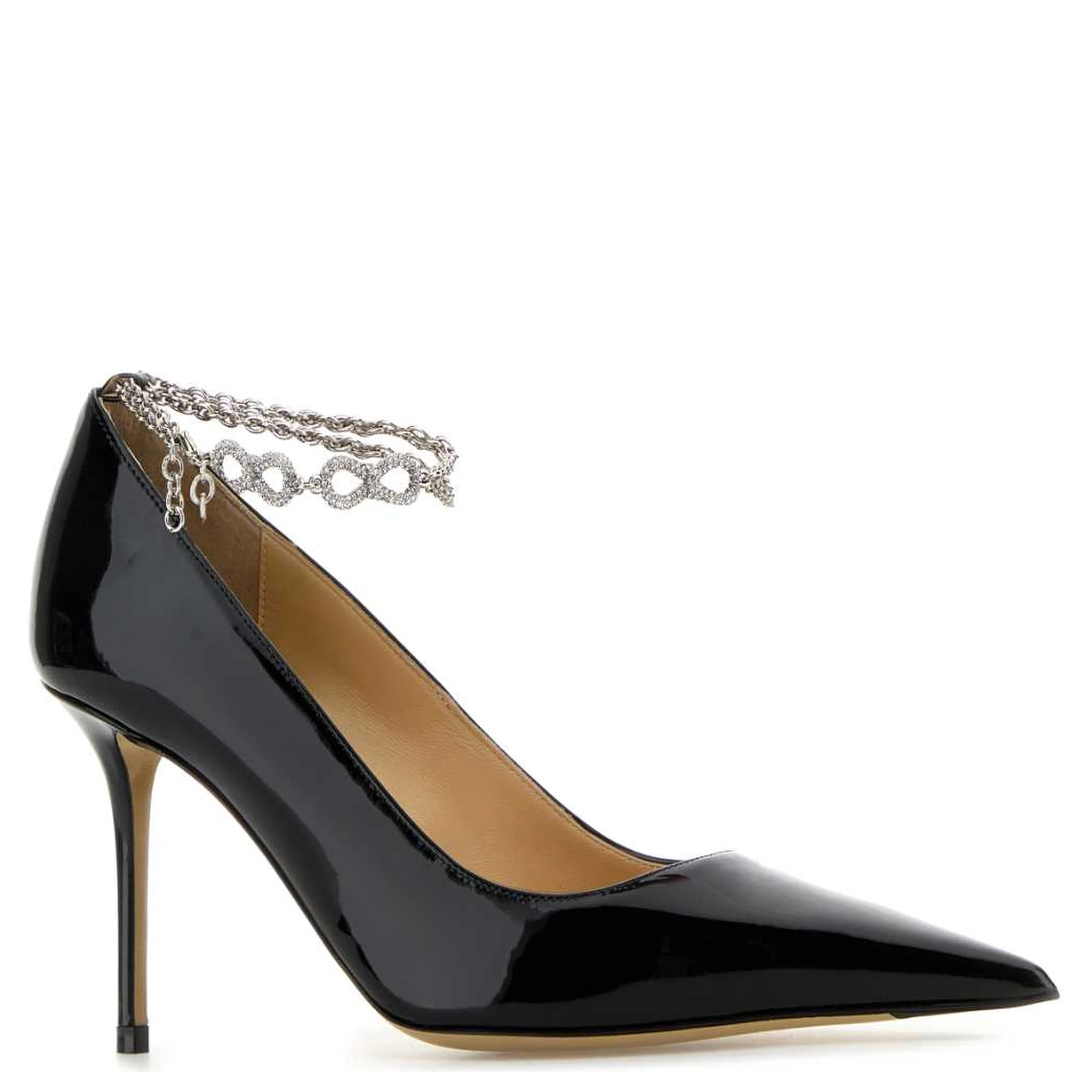 BOW CHAIN BLACK PATENT LEATHER POINTED TOE PUMPS(
