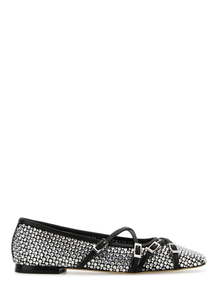 CRYSTAL NET BLACK SQUARE TOE BALLERINAS WITH STRAP