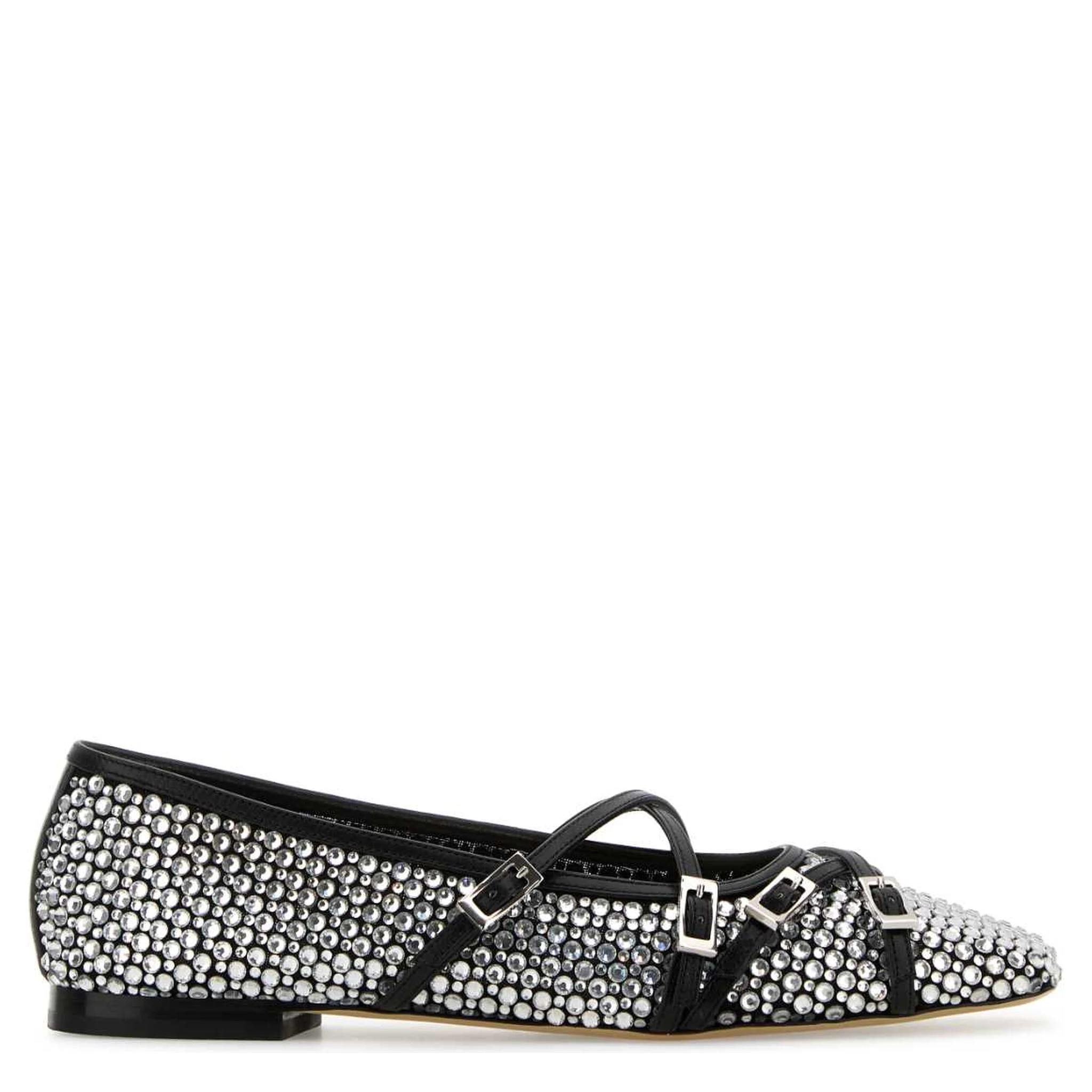 CRYSTAL NET BLACK SQUARE TOE BALLERINAS WITH STRAP