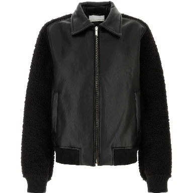 MEN FAUX SHEARLING LEATHER BOMBER JACKET WOVEN