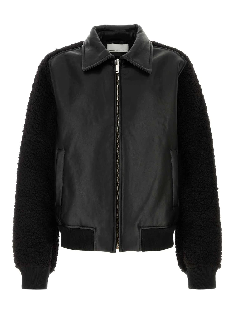 MEN FAUX SHEARLING LEATHER BOMBER JACKET WOVEN