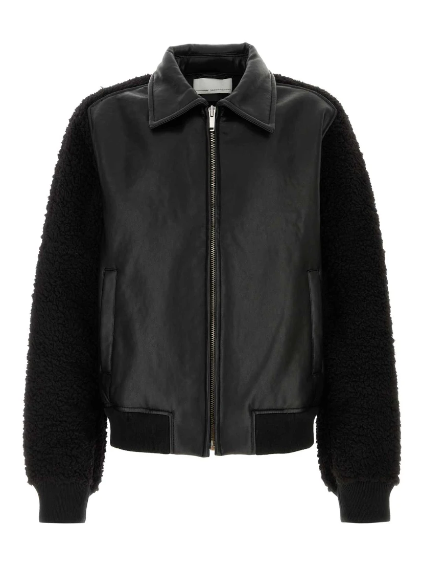 MEN FAUX SHEARLING LEATHER BOMBER JACKET WOVEN