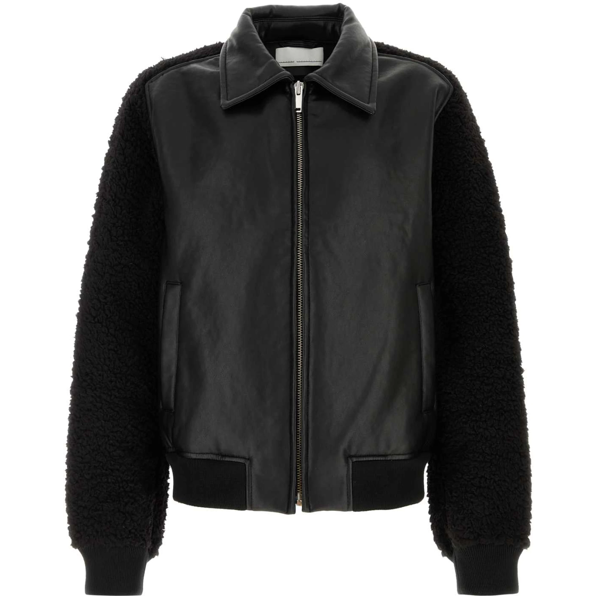 MEN FAUX SHEARLING LEATHER BOMBER JACKET WOVEN