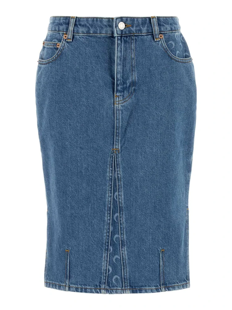 MOON LASER BLUE WASH  DENIM KNEE LENGTH SKIRT