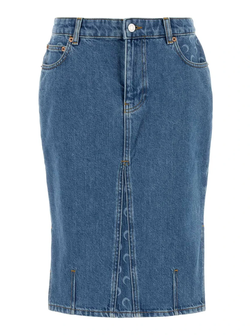 MOON LASER BLUE WASH  DENIM KNEE LENGTH SKIRT