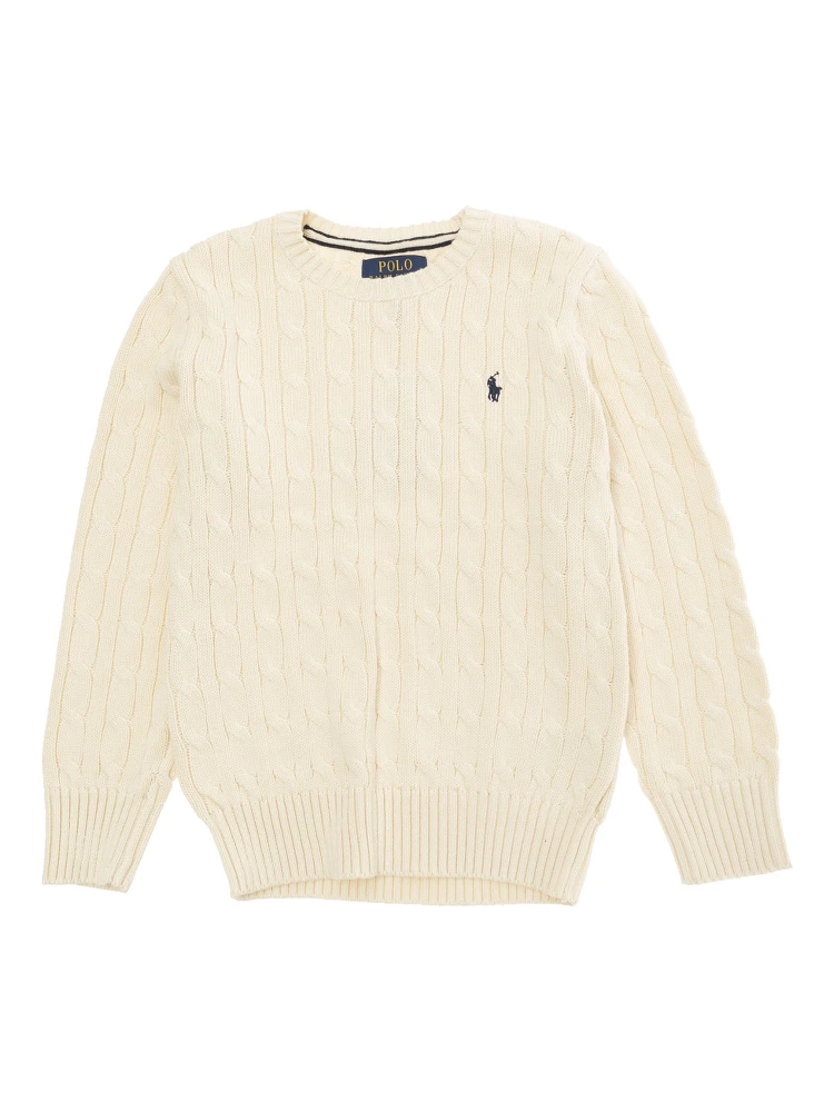 Beige Cable Knit Sweater with Pony Embroidery in Knit Boy