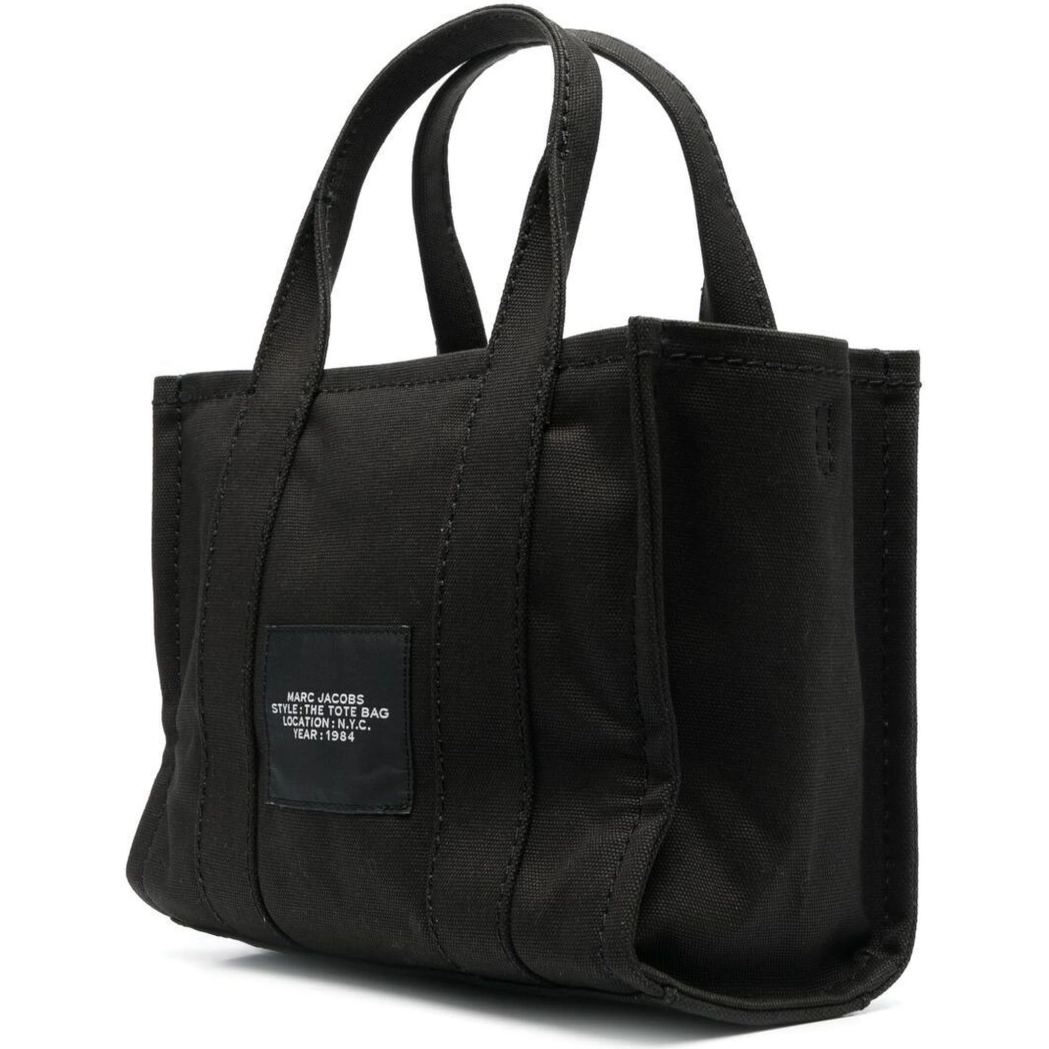 The Small Tote Black Handbag with Logo Lettering on the Front in Cotton Woman