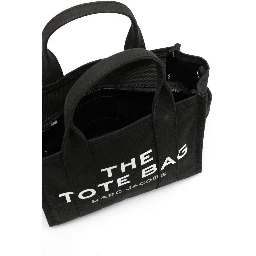 The Small Tote Black Handbag with Logo Lettering on the Front in Cotton Woman
