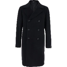 Arden Black Double-Breasted Coat with Notched Revers in Wool and Cashmere Man