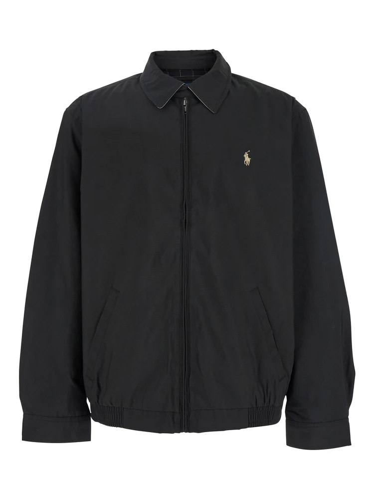 Giacca a Vento con Colletto Classico e Dettaglio Pony sul Fronte in Cotone Nera Uomo