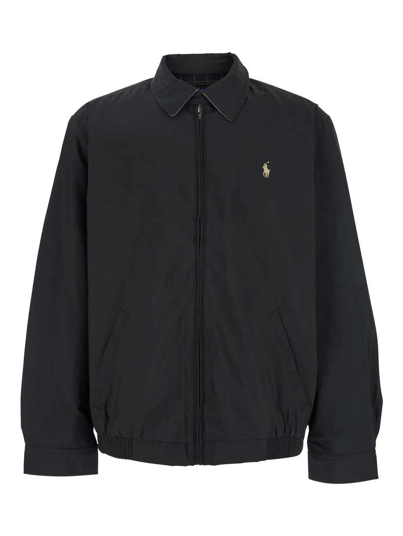 Giacca a Vento con Colletto Classico e Dettaglio Pony sul Fronte in Cotone Nera Uomo