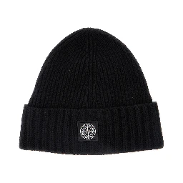 Black Beanie with Logo Patch on the Front in Wool Blend Boy
