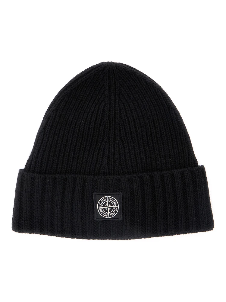 Black Beanie with Logo Patch on the Front in Wool Blend Boy