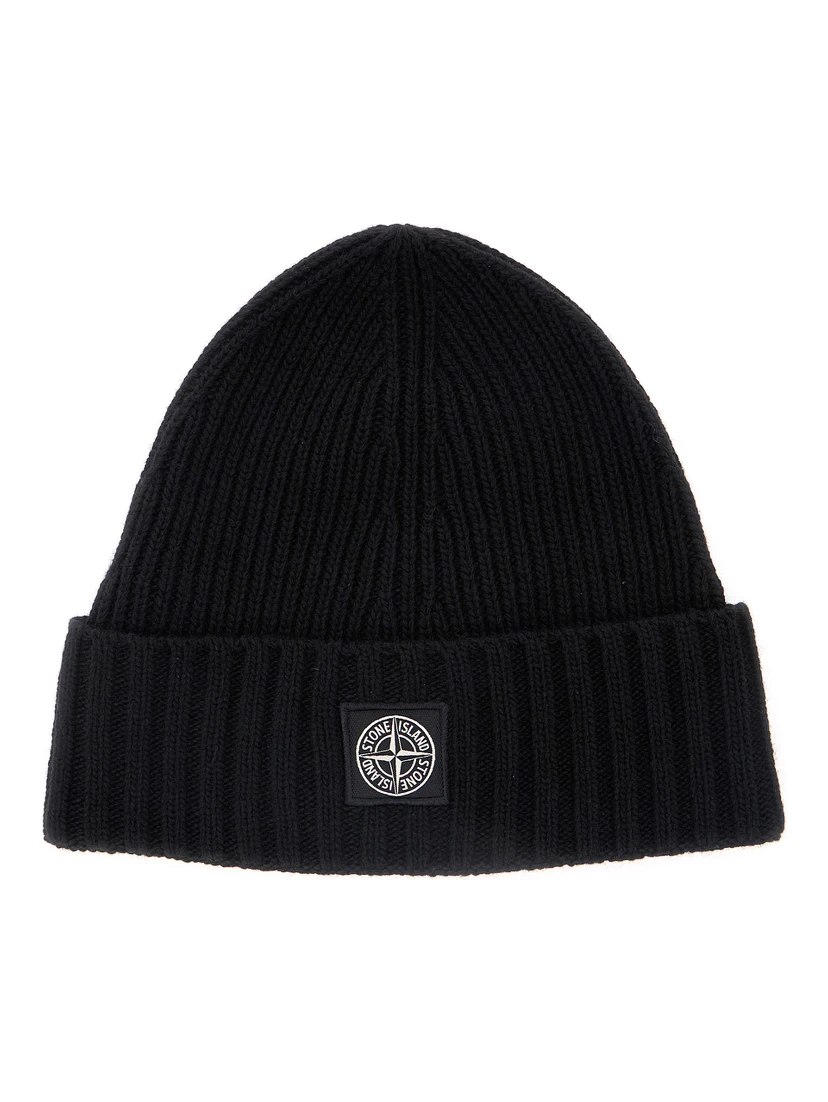Black Beanie with Logo Patch on the Front in Wool Blend Boy