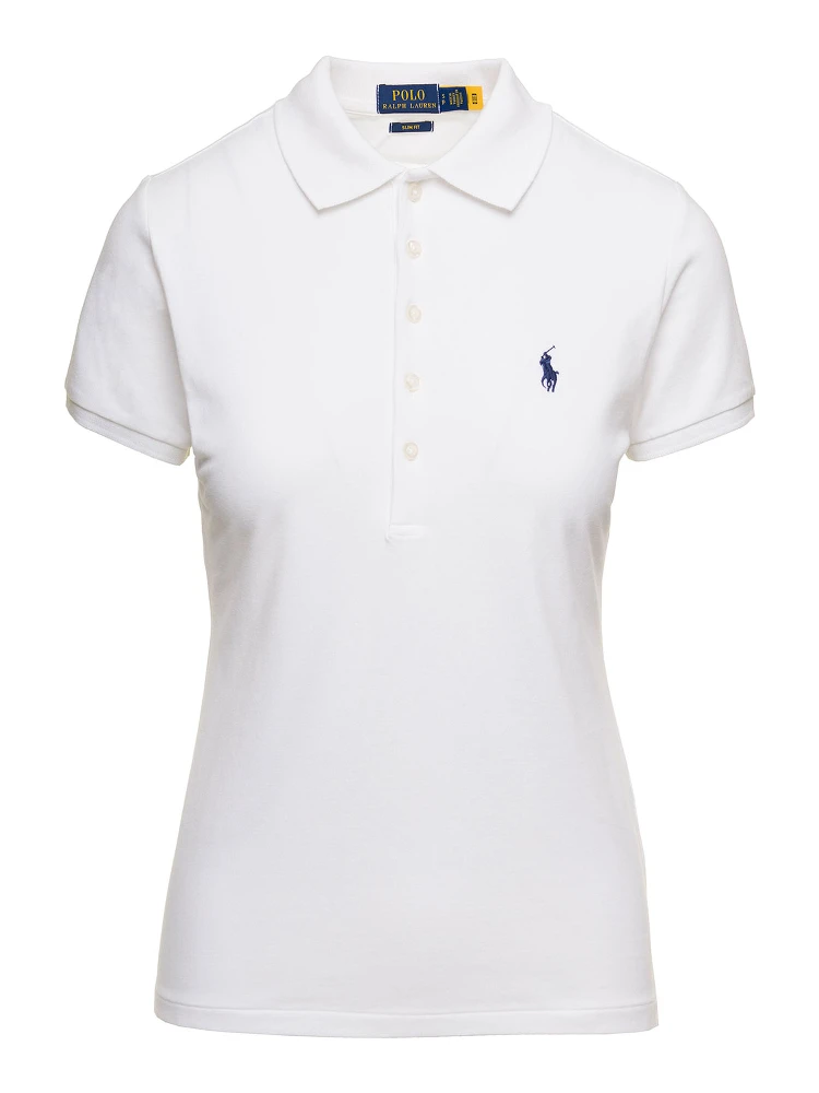 Julie Slim Fit White Polo Shirt with Classic Collar and Pony Embroidery on the Front in Cotton Stretch Woman