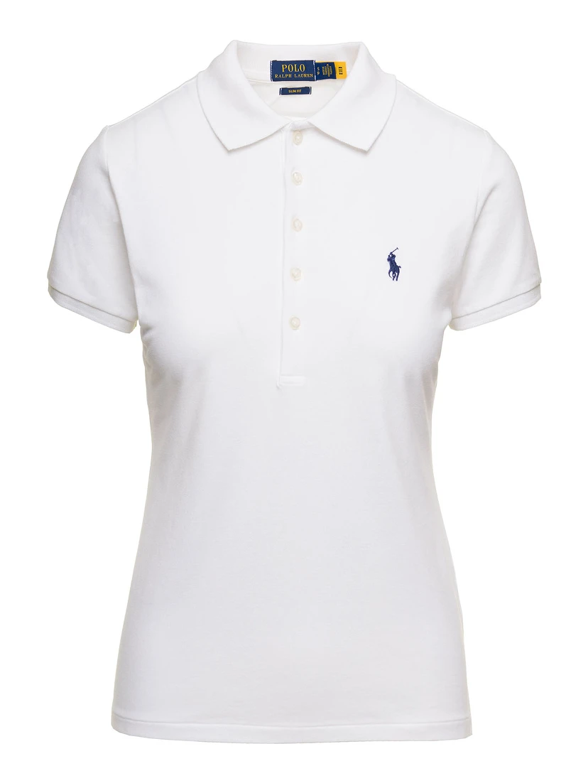 Julie Slim Fit White Polo Shirt with Classic Collar and Pony Embroidery on the Front in Cotton Stretch Woman