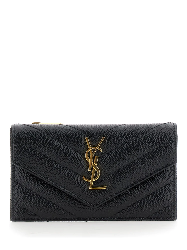 Cassandre Black Zip Card Case with Flap in Embossed Leather Woman
