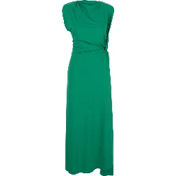 Green Long Dress with Pleated Details in Tech Fabric Woman