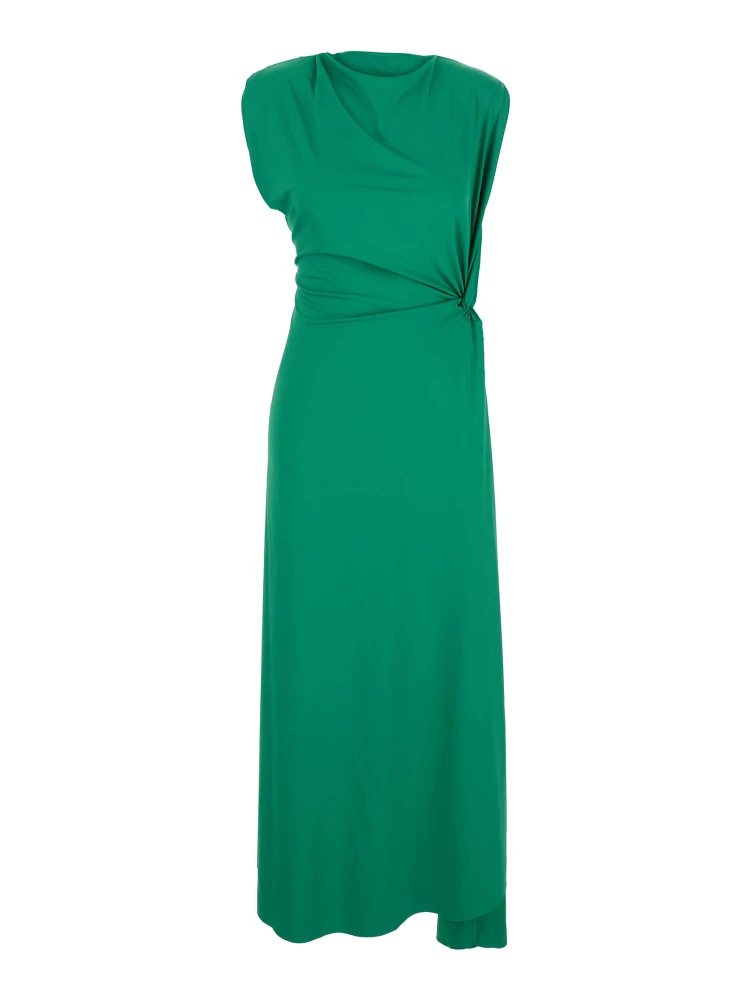 Green Long Dress with Pleated Details in Tech Fabric Woman