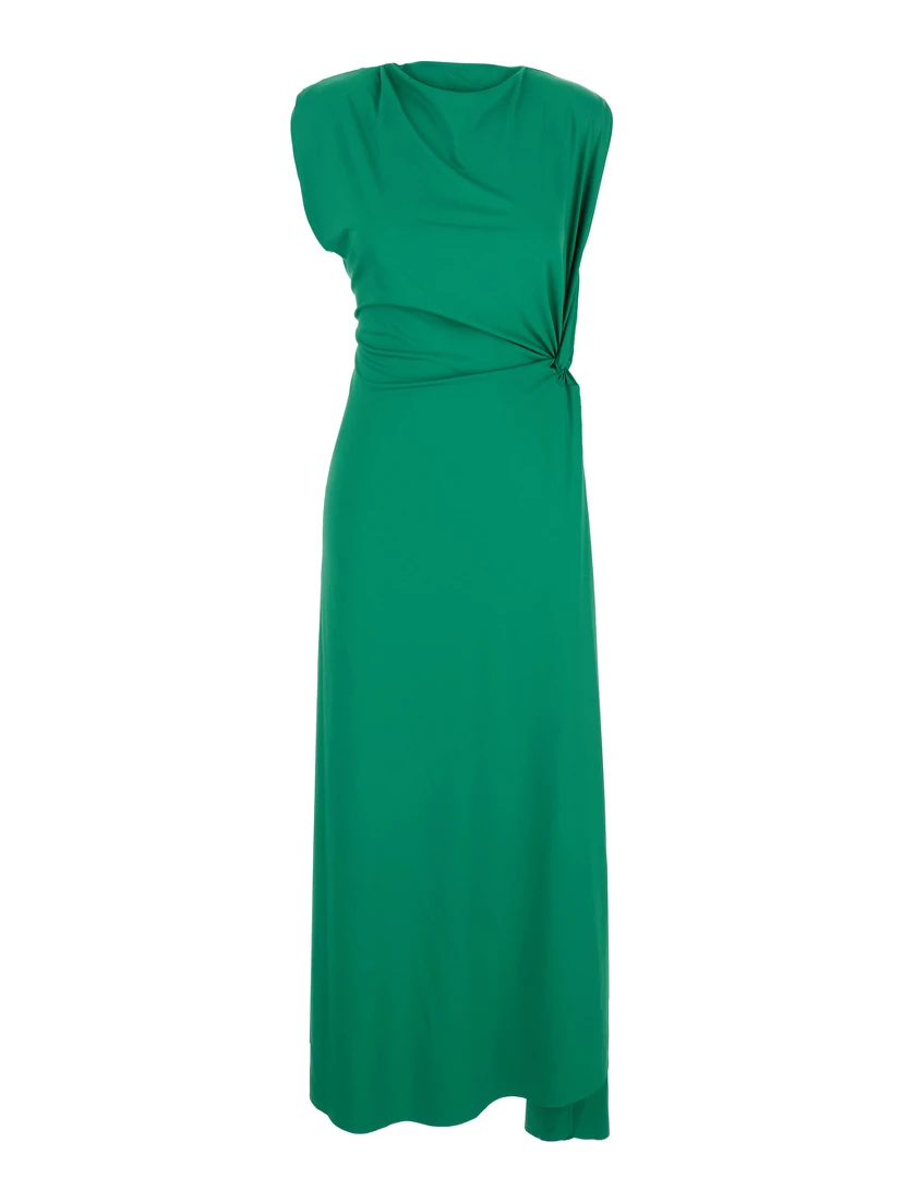 Green Long Dress with Pleated Details in Tech Fabric Woman