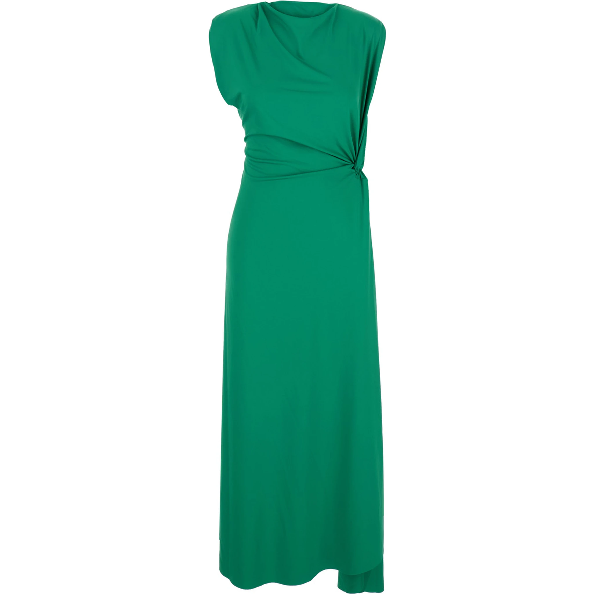 Green Long Dress with Pleated Details in Tech Fabric Woman