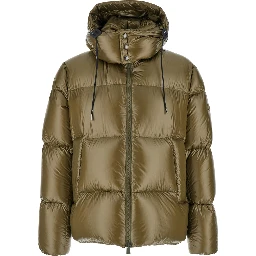 Belbo Green Down Jacket with Drawstring Hood and Logo Patch in Tech Fabric Man