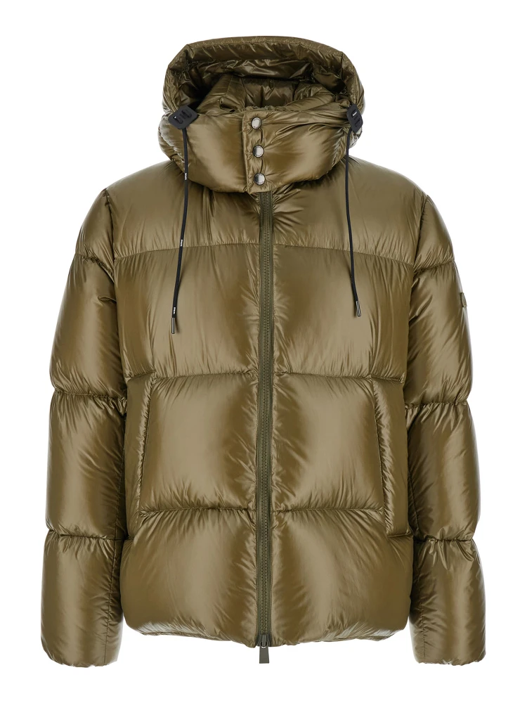 Belbo Green Down Jacket with Drawstring Hood and Logo Patch in Tech Fabric Man