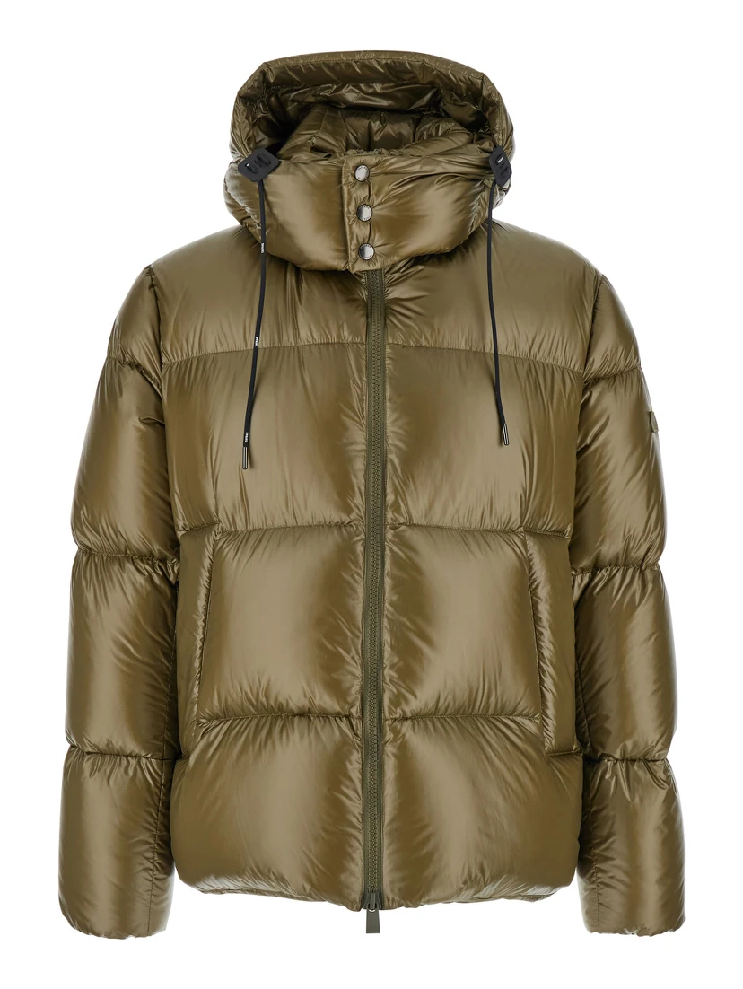 Belbo Green Down Jacket with Drawstring Hood and Logo Patch in Tech Fabric Man