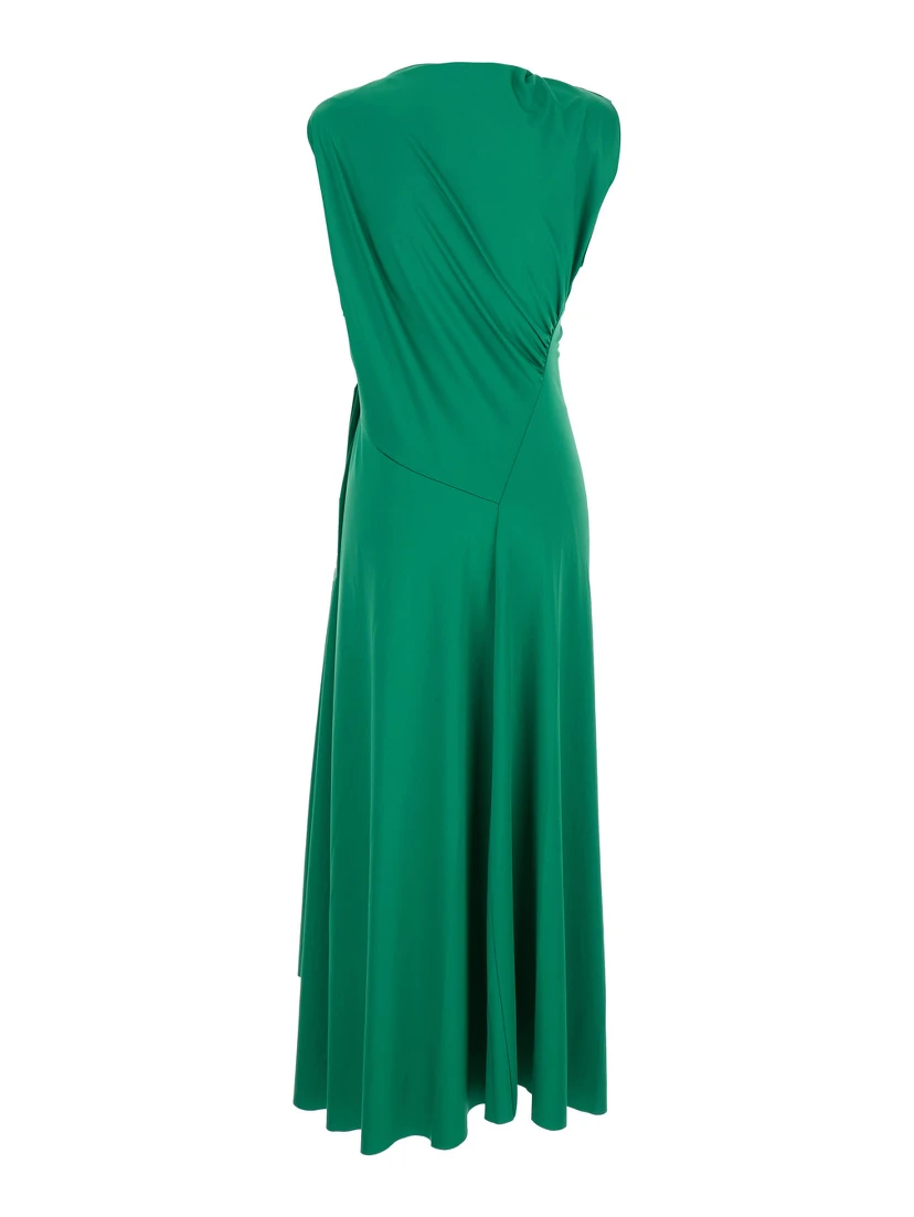 Green Long Dress with Pleated Details in Tech Fabric Woman